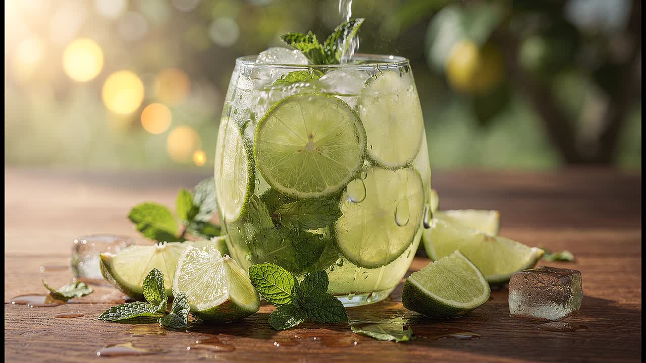 Lähikuva virkistävästä lime- ja minttujuomasta jään ja sitrushedelmäviipaleiden kera rustiikkisella puupinnalla ulkona.