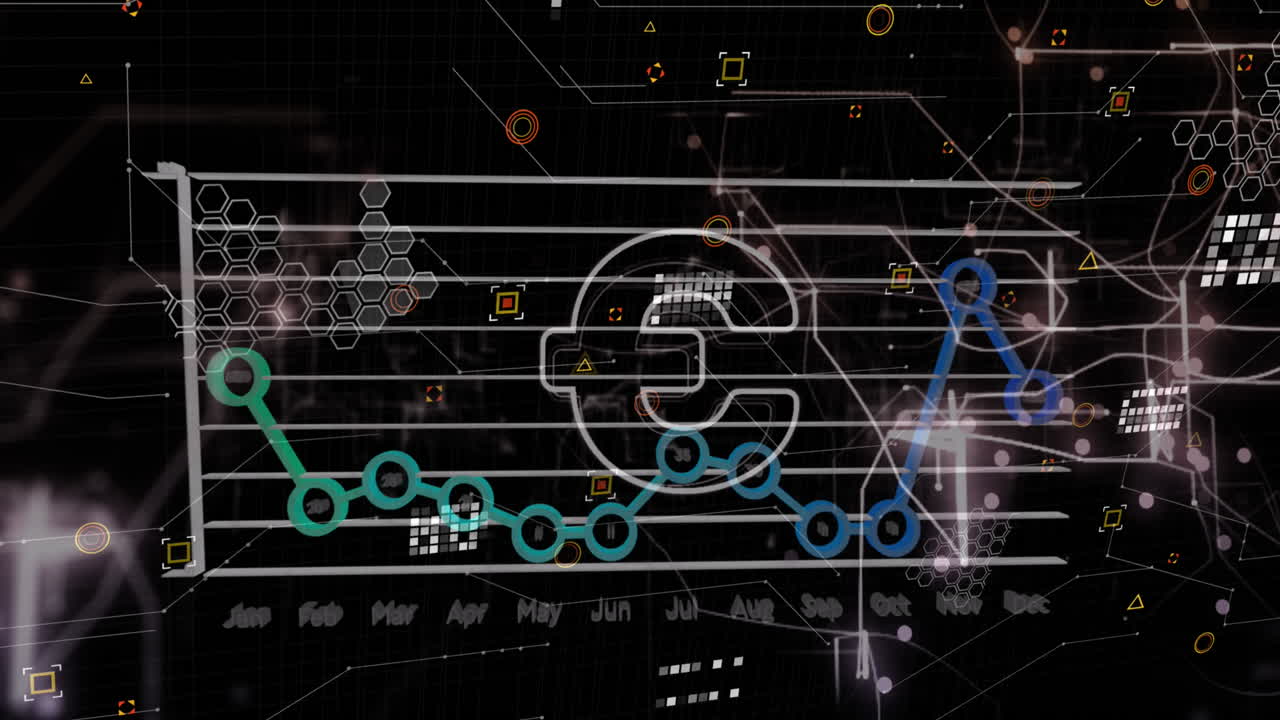 Animation of euro symbol with graph, circuit board pattern, geometric shapes over black background