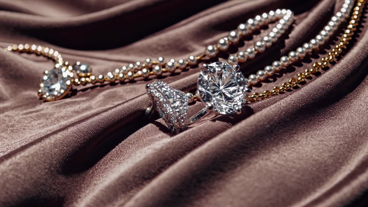 Close-up angle of elegant jewelry on silky fabric, showcasing sparkling diamonds and pearls