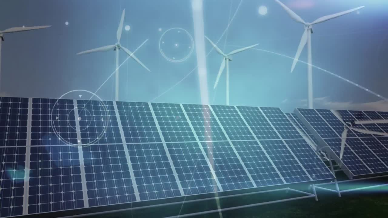 Animation of connections over solar panels and wind turbines
