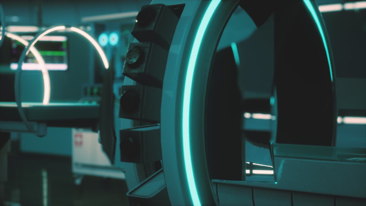 Scanner MRI futuristico in stile fantascientifico e attrezzature mediche in ospedale
