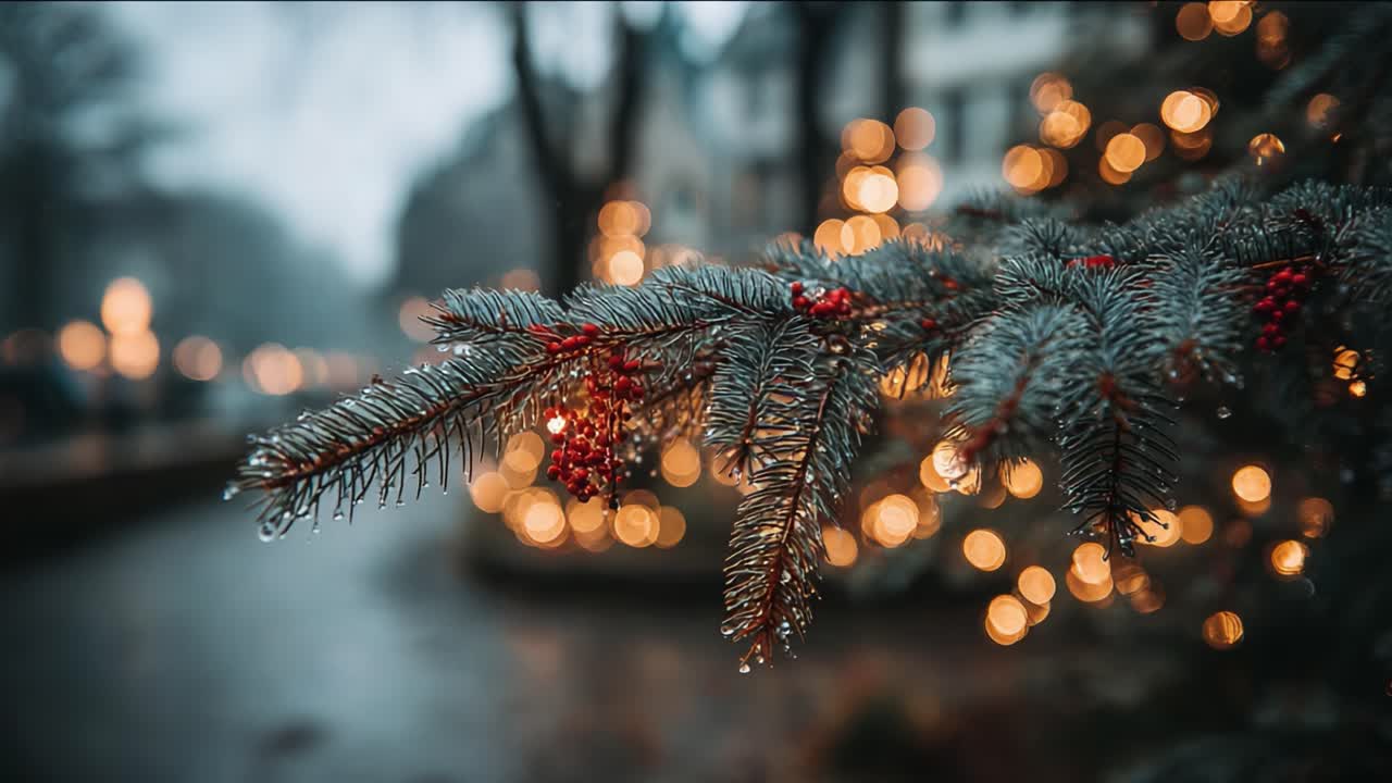 A Close-Up View of a Pine Branch Adorned with Bright Red Berries and Sparkling Morning Dew, Set Against a Beautifully Lit Background of Holiday Lights