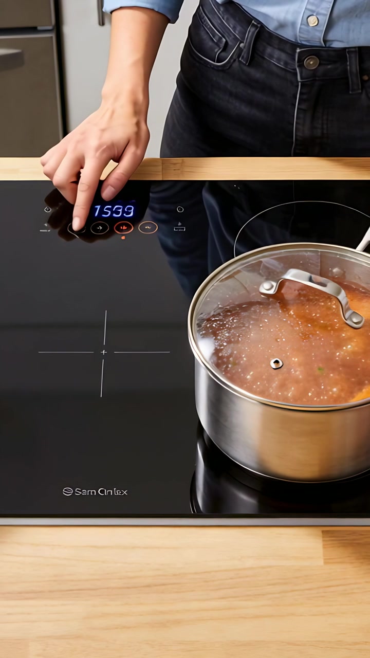 Video verticale: Toccando un controllo, un cuoco a casa con una maglia blu regola il timer sul fornello mentre una pentola sobbolle.