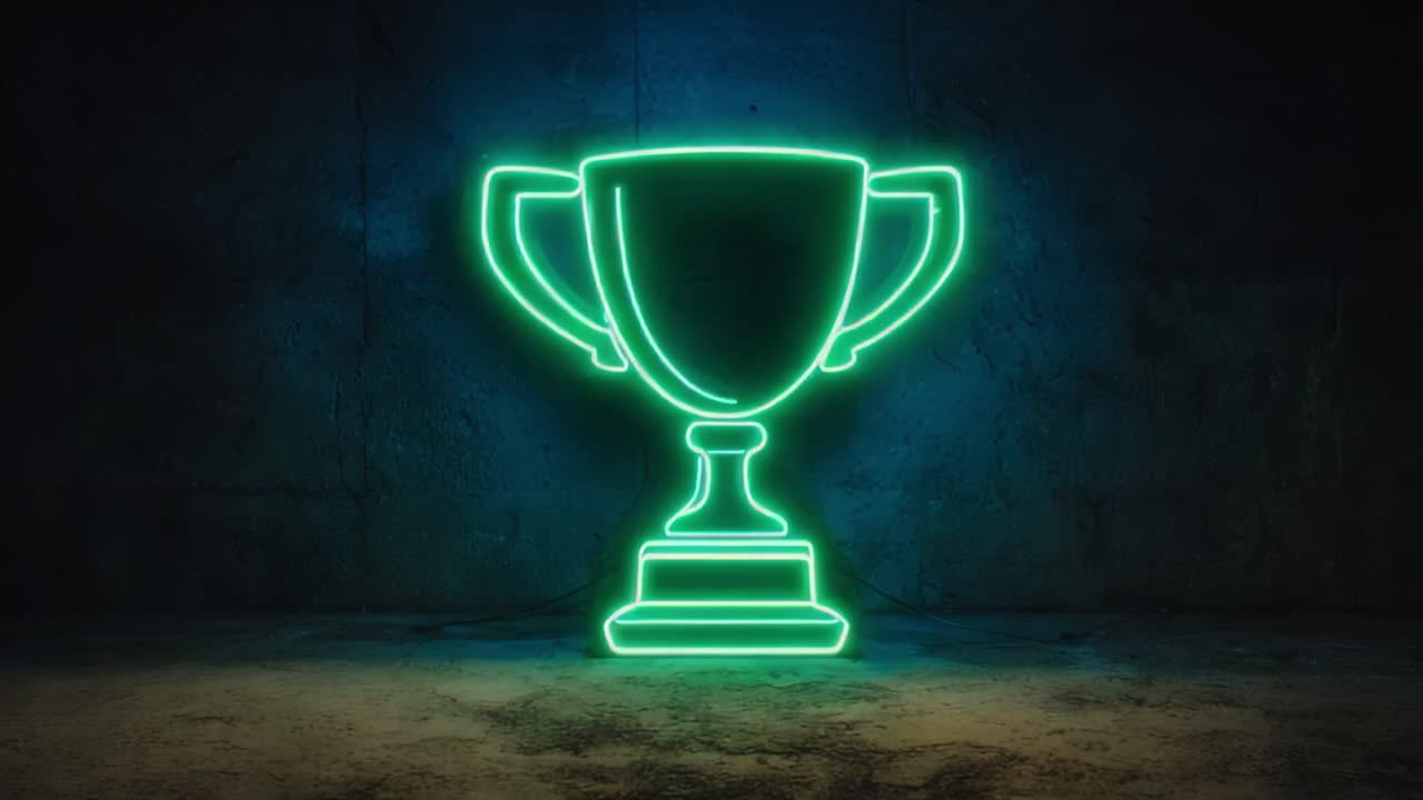 Glowing green neon trophy sign flickering on a dark concrete wall, symbolizing victory, championship, and achievement with a retro, vibrant aesthetic for awards and competition concepts