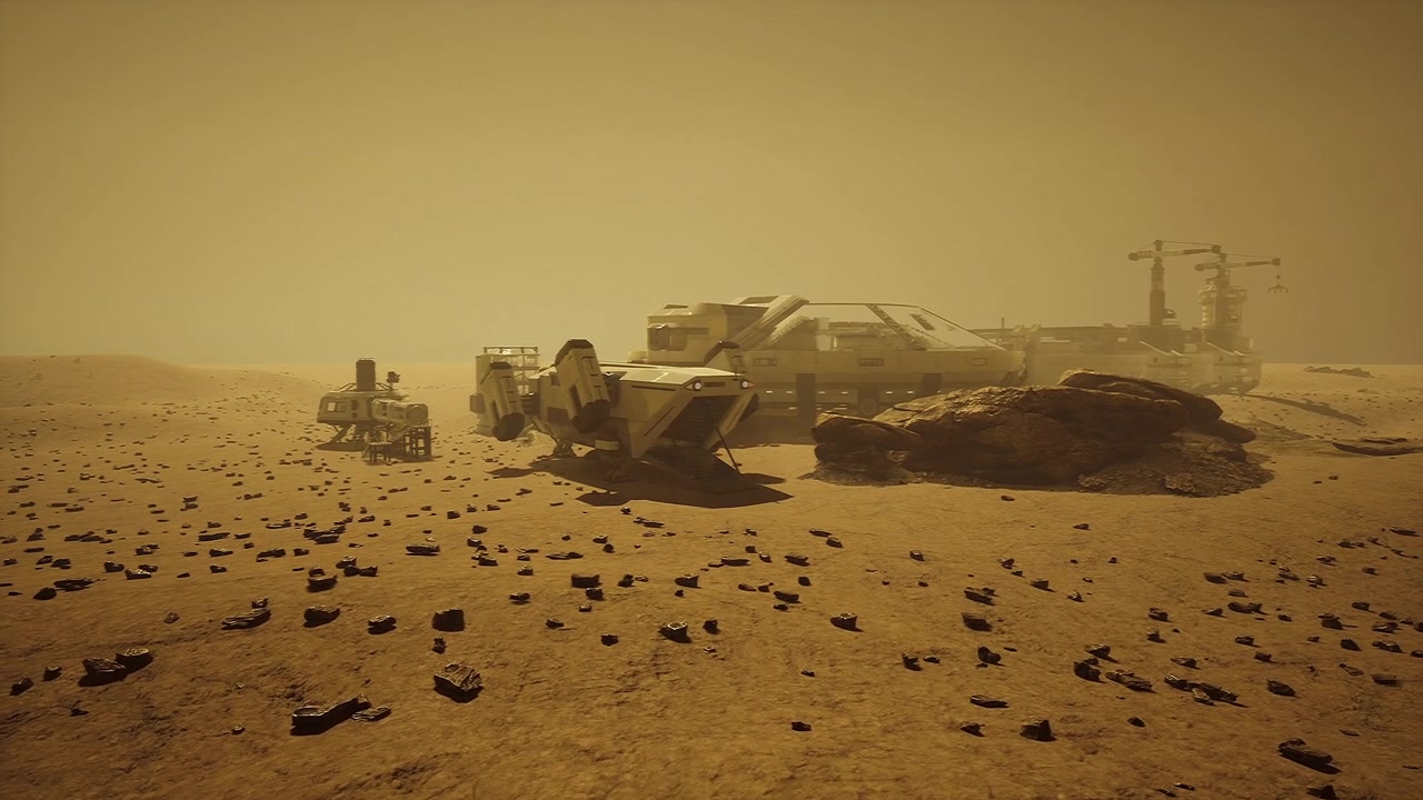 Mars activity overview wide view of mars base and scattered gear