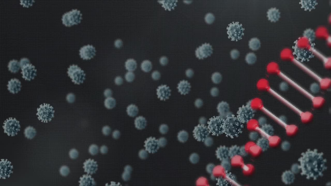 estructura del adn y células de covid-19 contra un fondo negro