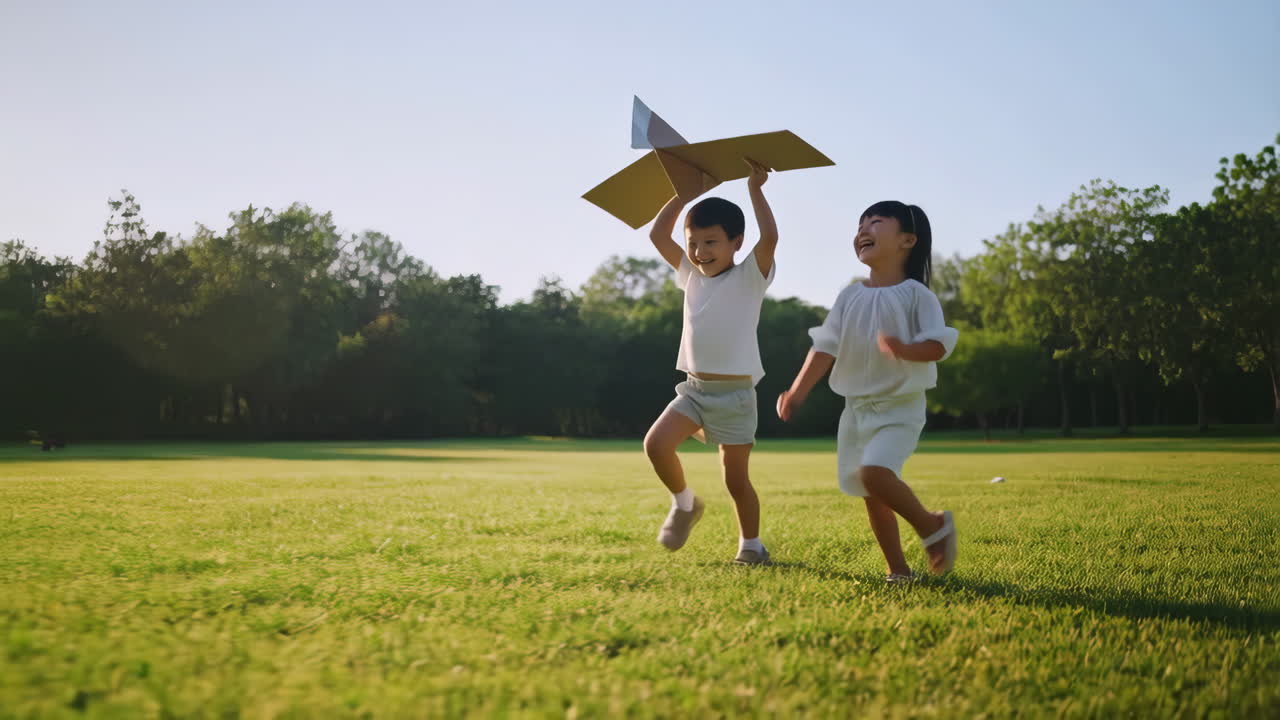 Two happy children playing with a cardboard airplane in a sunny park
