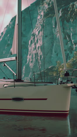 sailboat at calm sea near rocky cliffs