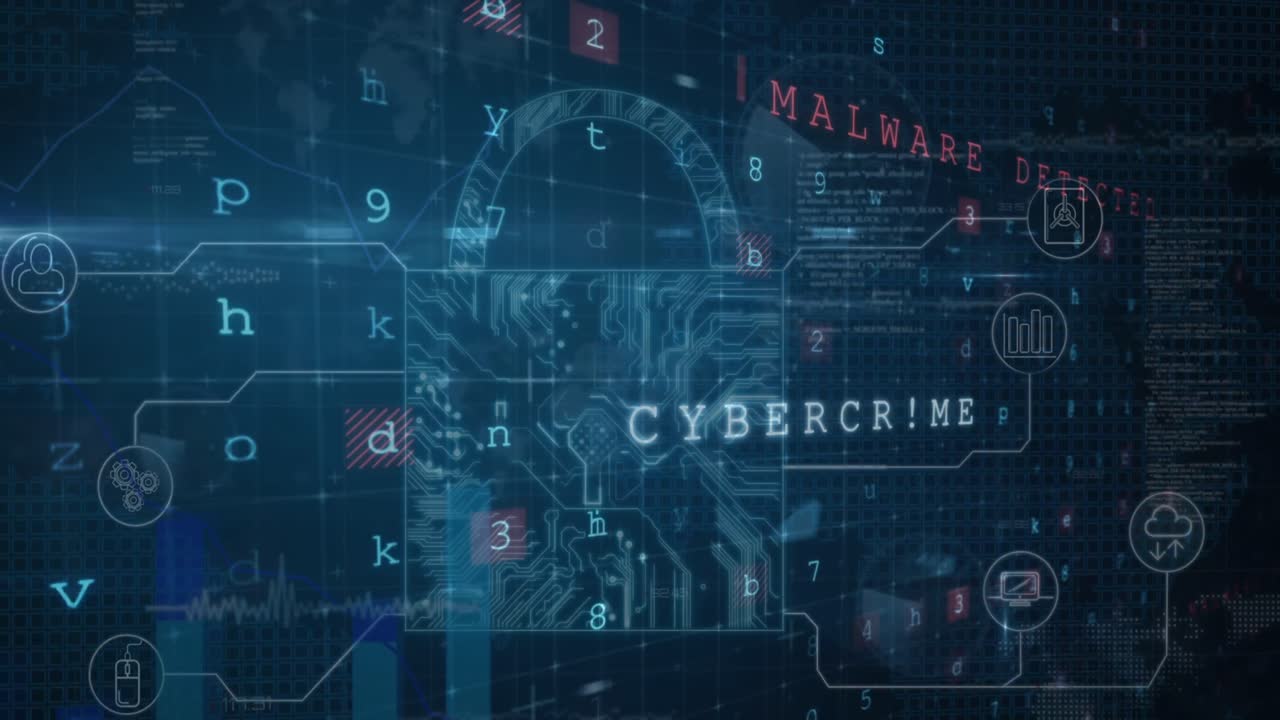 animación de la interfaz digital con candado de seguridad sobre un fondo oscuro