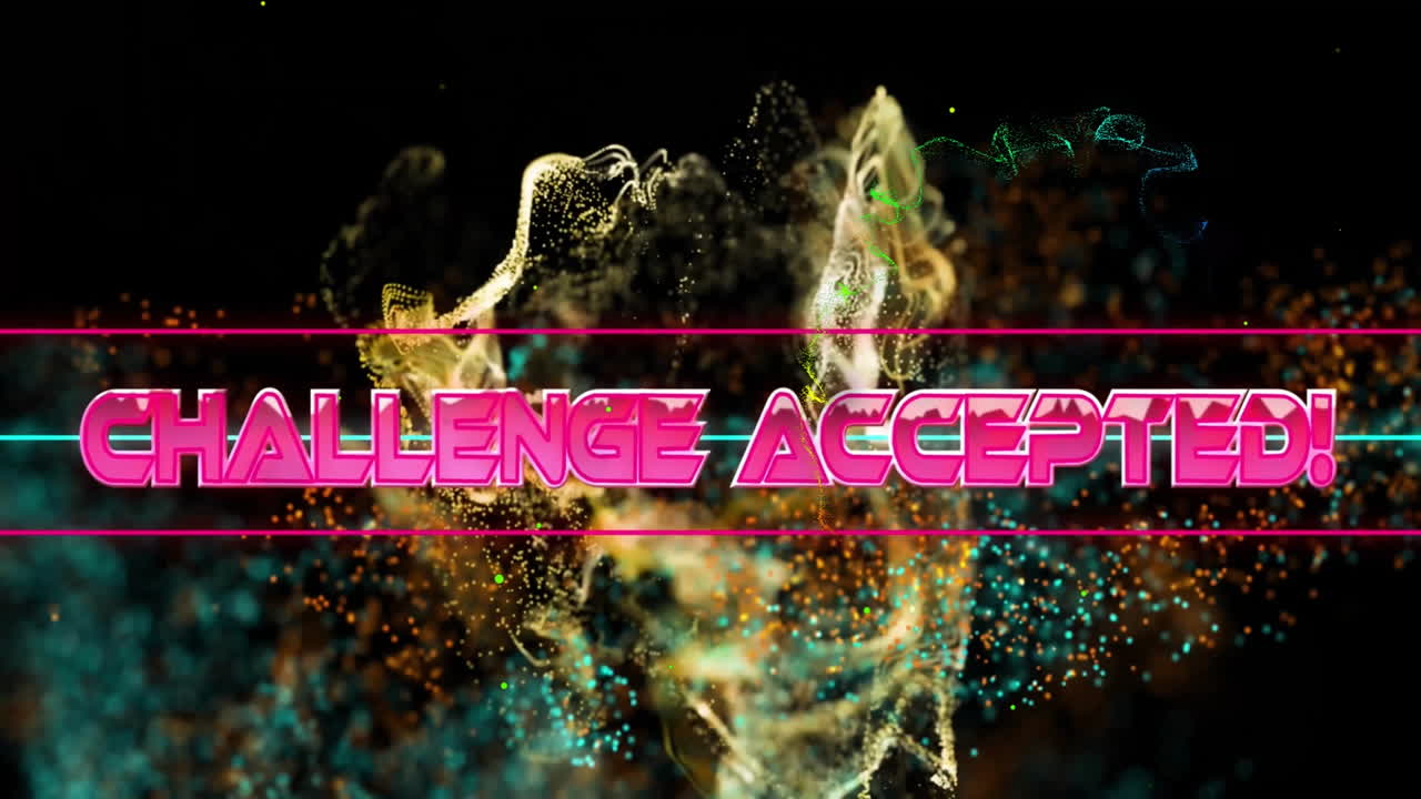 야간 하늘의 입자 및 네트워크 구름 위에 금속 분홍색으로 도전 받아들여진 텍스트의 애니메이션