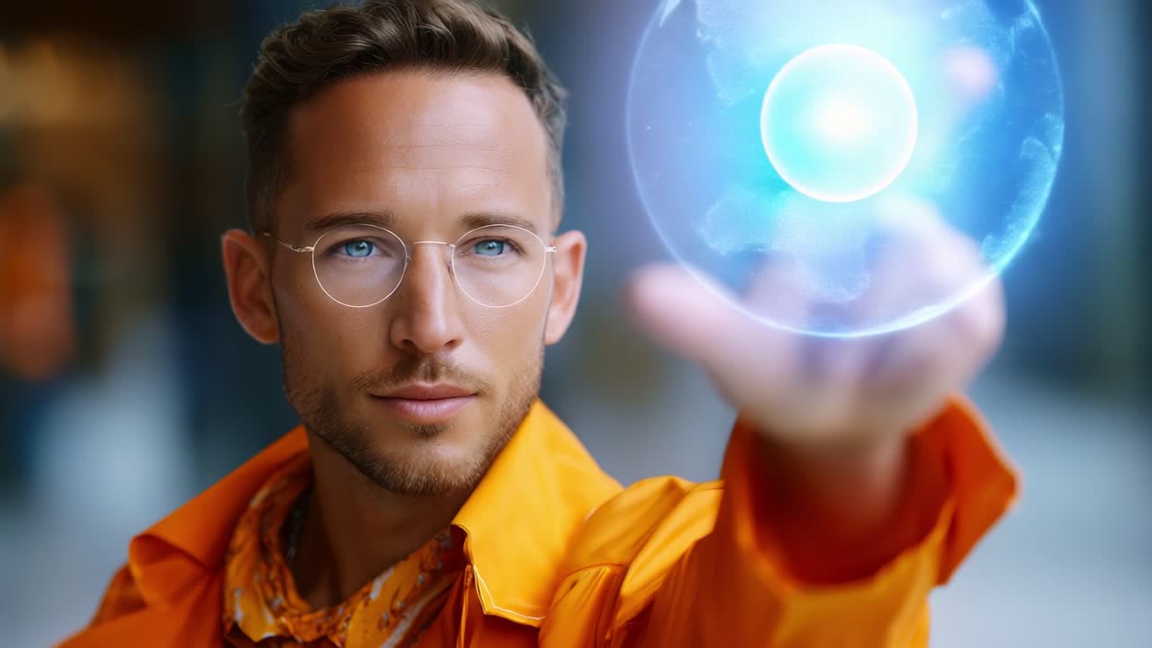 En futuristisk person med briller og oransje jakke bruker avansert teknologi for å projisere en holografisk kule, som representerer innovasjon og kreativitet i en moderne setting.