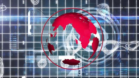 Animation-Eines-Roten-Globus,-Der-Sich-über-Die-Schnittstelle-Mit-Datenverarbeitung-Und-Topografischer-Karte-Dreht