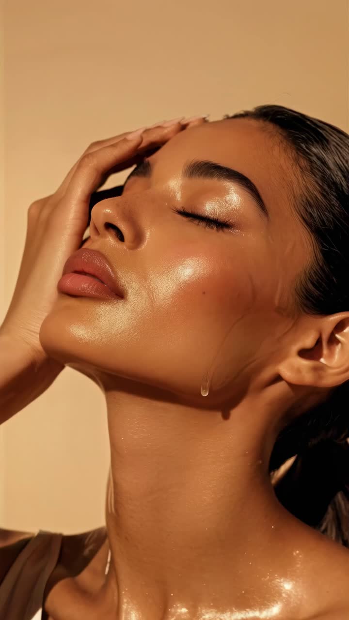 Close-up video still of a woman with glowing skin, eyes closed, hand on forehead