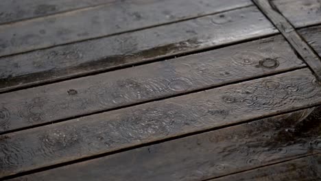 fuertes gotas de lluvia sobre una plataforma de madera en un jardín hr06