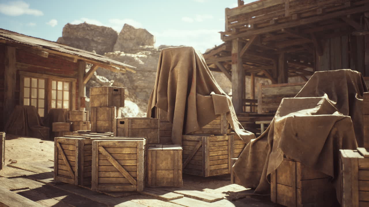 Detailed view of wooden crates covered with fabric in an abandoned western town