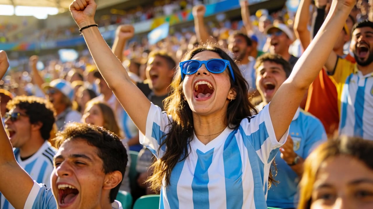Mujer animando con camiseta azul y blanca, levantando los brazos y gritando en el estadio tras un gol, con gafas de sol azules.