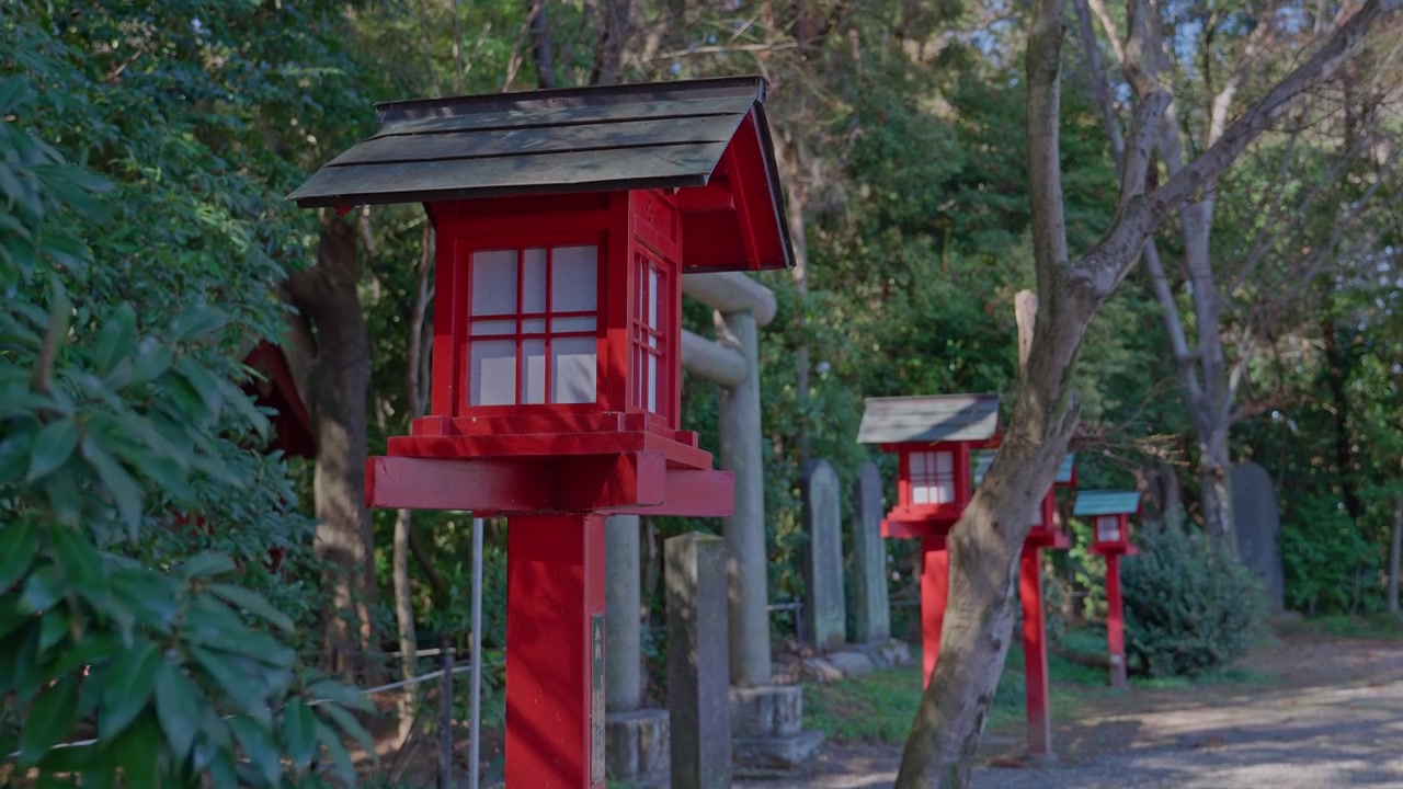 A close perspective of a vivid red wooden shrine lantern leads the eye down a row of identical lanterns receding along a shaded forest path, with stone pillars and dense green woodland creating a rhyt