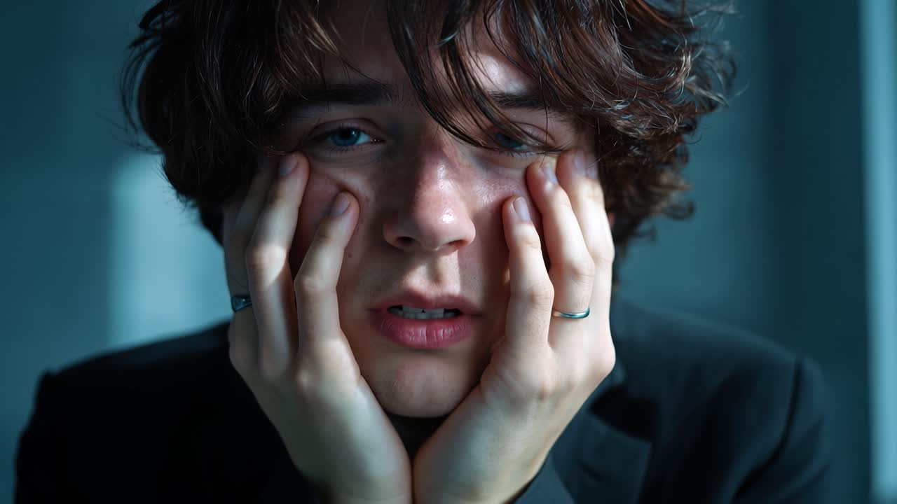 Giovane uomo si appoggia le mani sul viso, occhi chiusi. Indossa una giacca scura, mostrando un disagio silenzioso. L'illuminazione fredda enfatizza il suo stato emotivo. Ideale per immagini evocative di stati d'animo, temi di salute mentale.