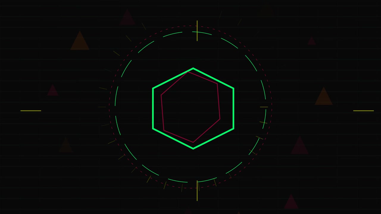 Digital HUD Interface with Rotating Hexagon and Data Elements