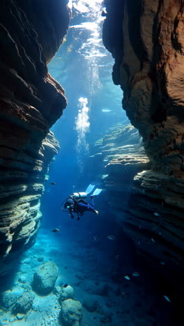 scuba diver exploring a sunlit underwater cave