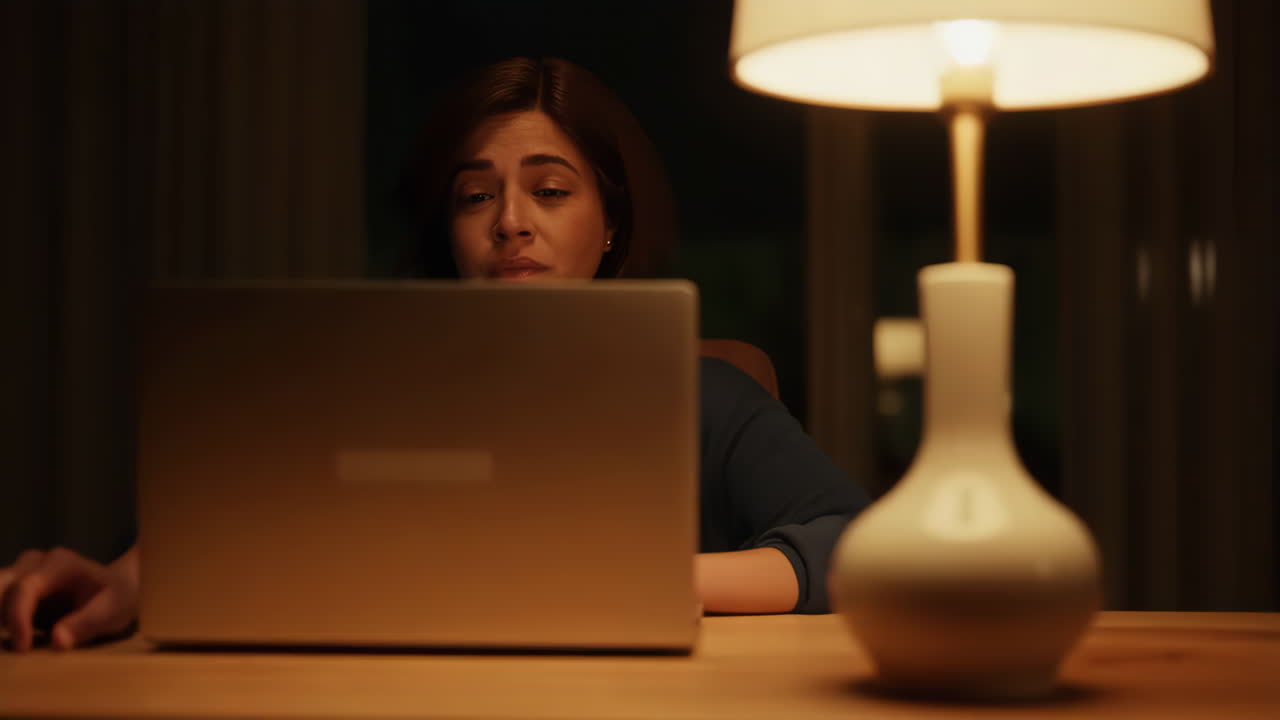 Distressed woman closing her laptop in a dimly lit room