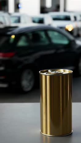 golden can with blurred cars in background