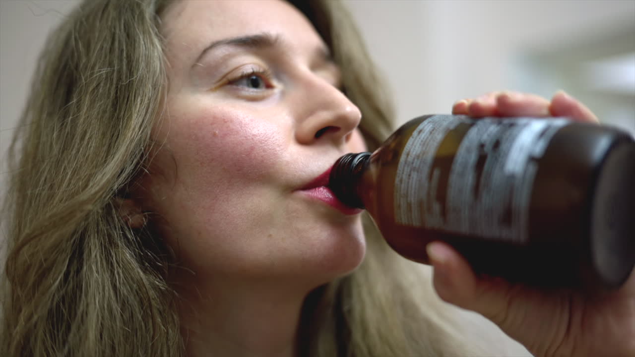 Close up of a brunette woman drinking kombucha