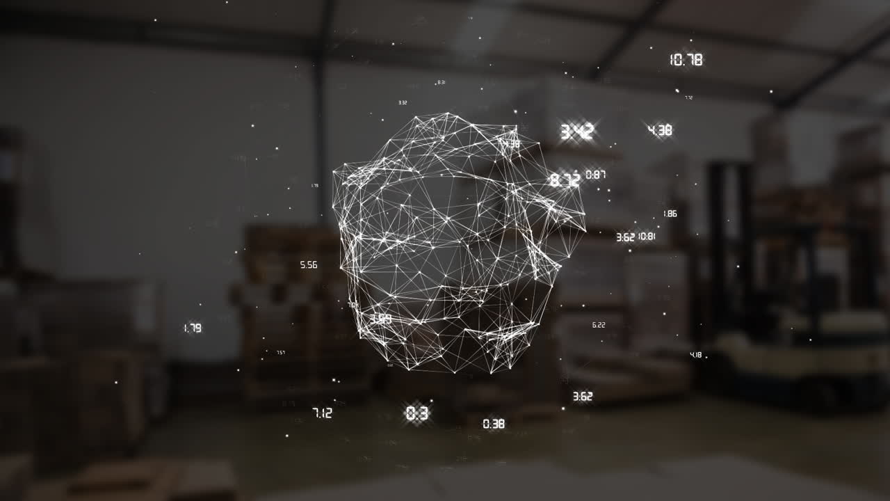 анимация сети соединений с номерами и глобусом над складом