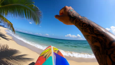 first-person view of a person with a surfboard at the beach and in the ocean