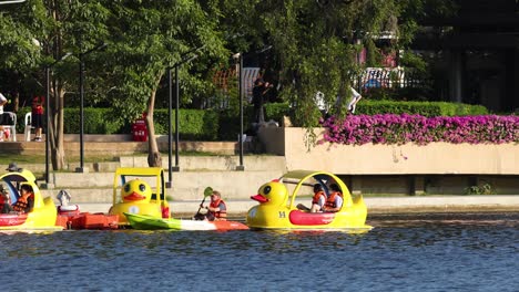 personas disfrutando de botes de pedal en un río