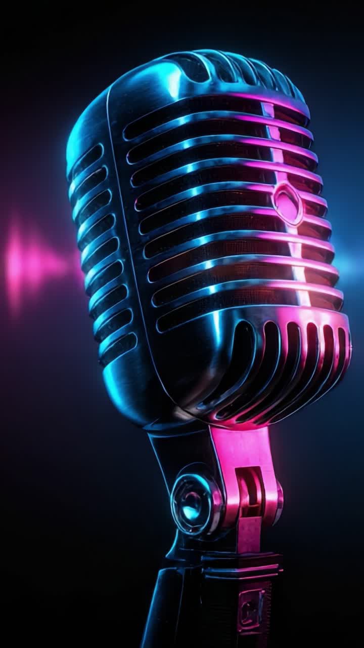 Uno Splendido Microfono Vintage Immerso in Vivaci Luci al Neon, che Emana un'Aura di Espressione Artistica e Passione Musicale in uno Spazio Oscurato