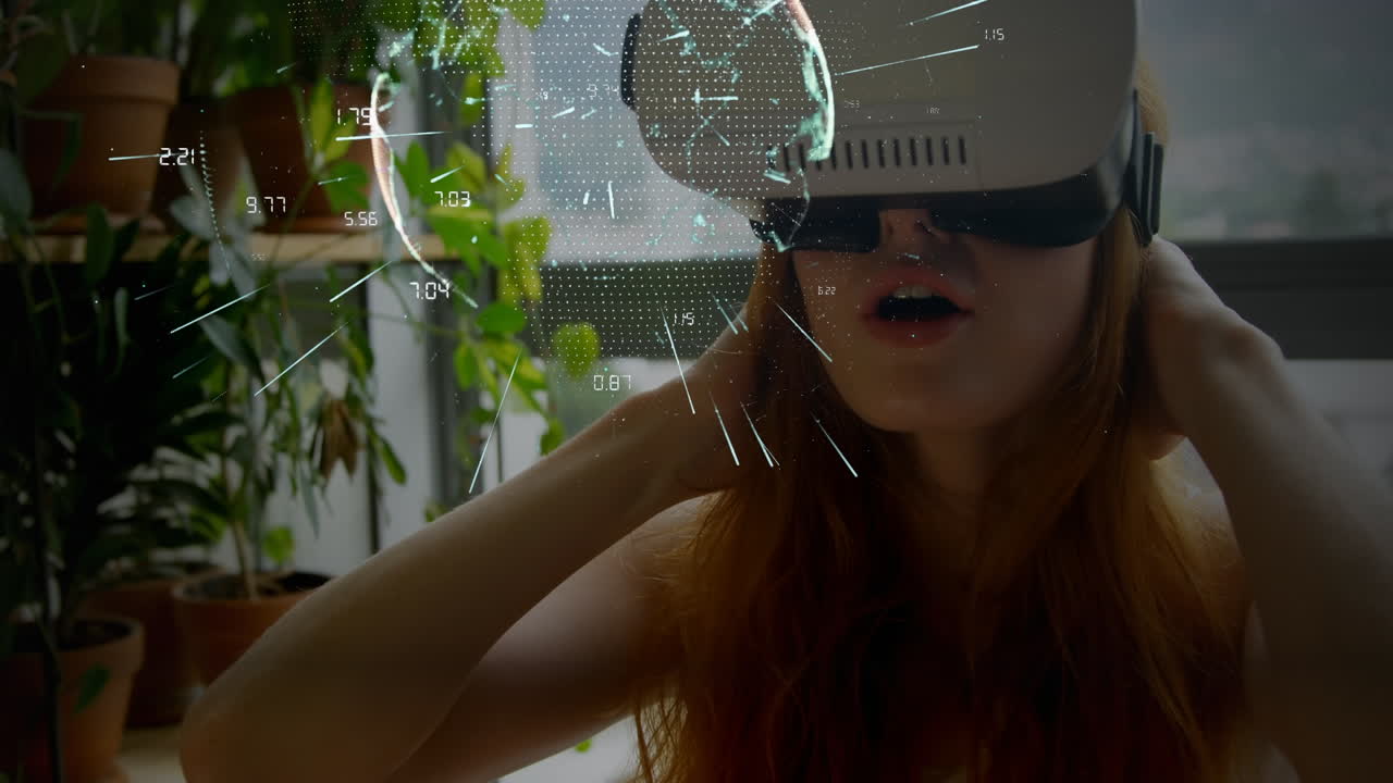 Animazione di globo con connessioni su donna caucasica che indossa un visore VR