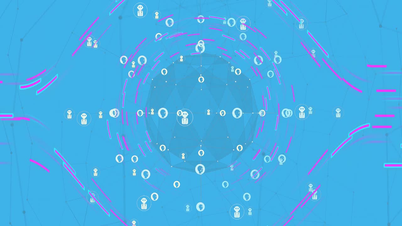 빛나는 트레일에서 데이터 처리, 채팅 아이콘 및 연결 네트워크의 애니메이션