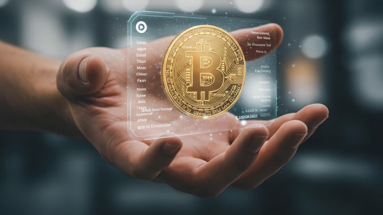A Visual Representation of Digital Currency: Exploring the Intricacies of Bitcoin through Holographic Display in a Hand, Showcasing Modern Financial Technology Advancements