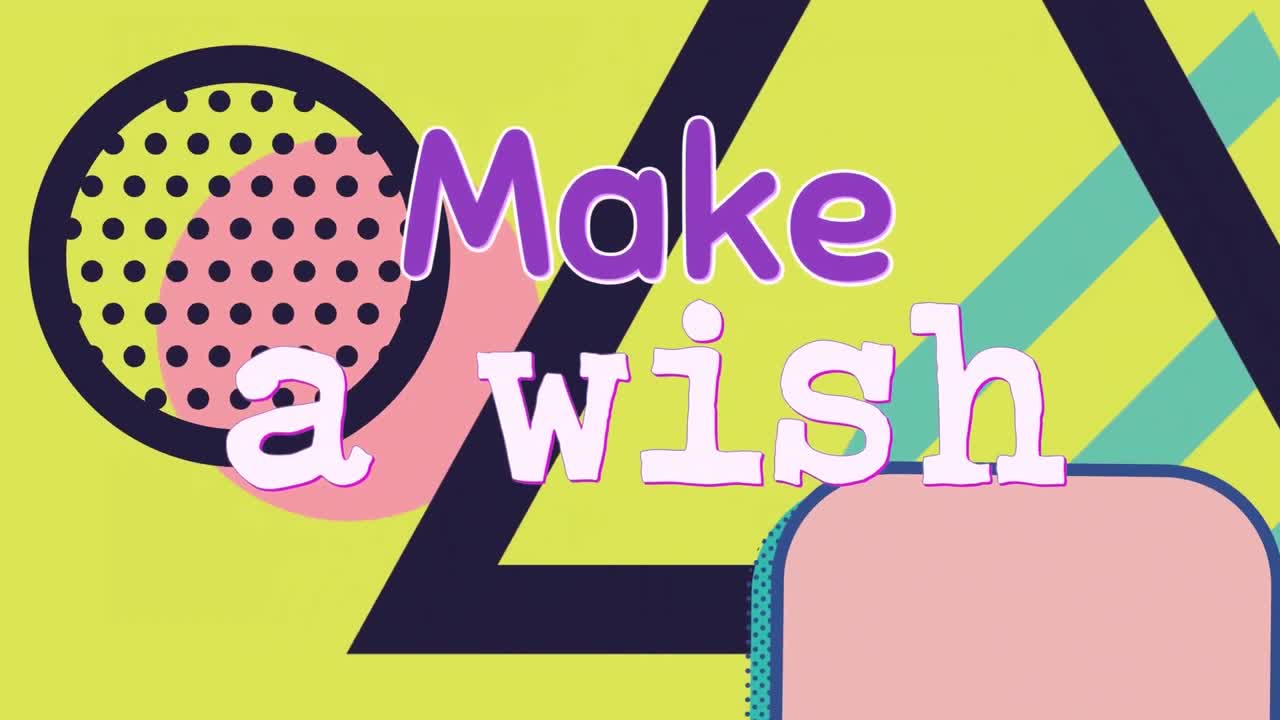 노란색 배경에 추상적인 모양 위에 소원 텍스트를 만드는 애니메이션