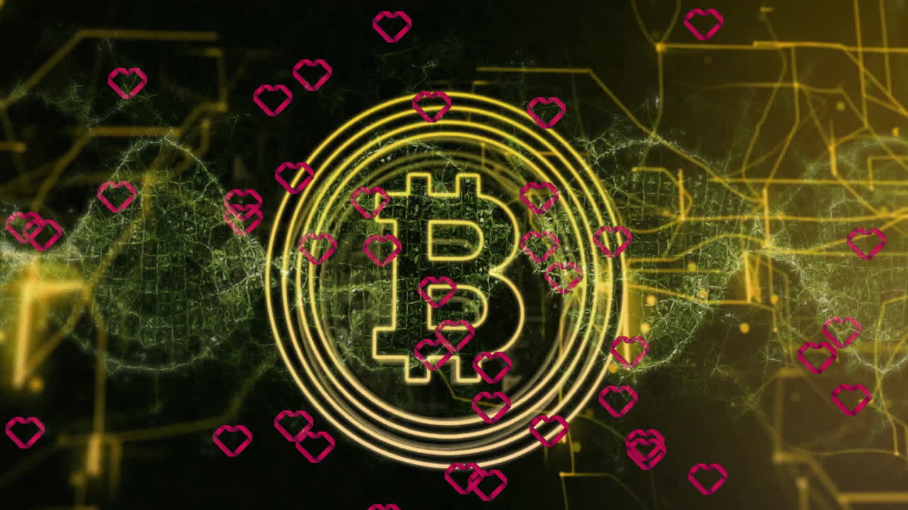 Bitcoin symbol with digital hearts and network connections in animated school project