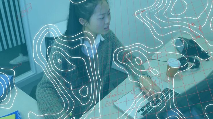 Animation of mathematical formulas over businesswoman using computer