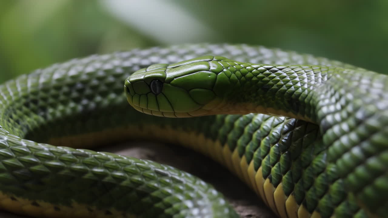 Close-up of a vibrant green snake
