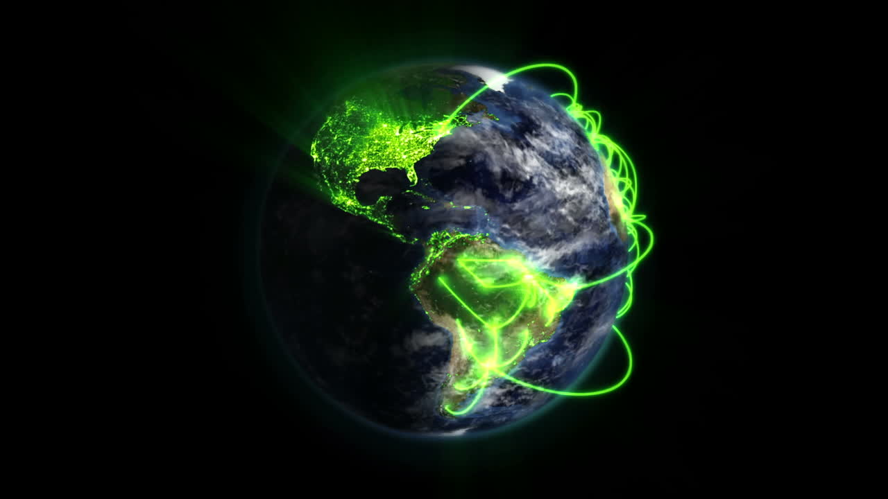 la tierra animada con nubes gira, mostrando conexiones verdes, imagen de nasa.org.