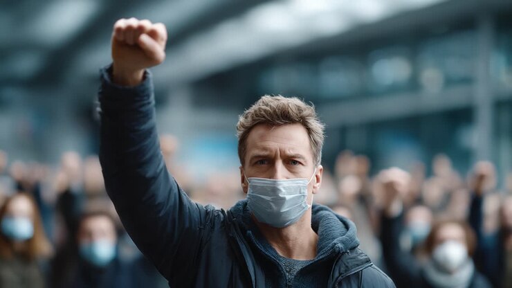 A determined individual raises a fist in solidarity during a protest, emphasizing unity and resilience amidst a crowd of supporters wearing masks in a dynamic social movement
