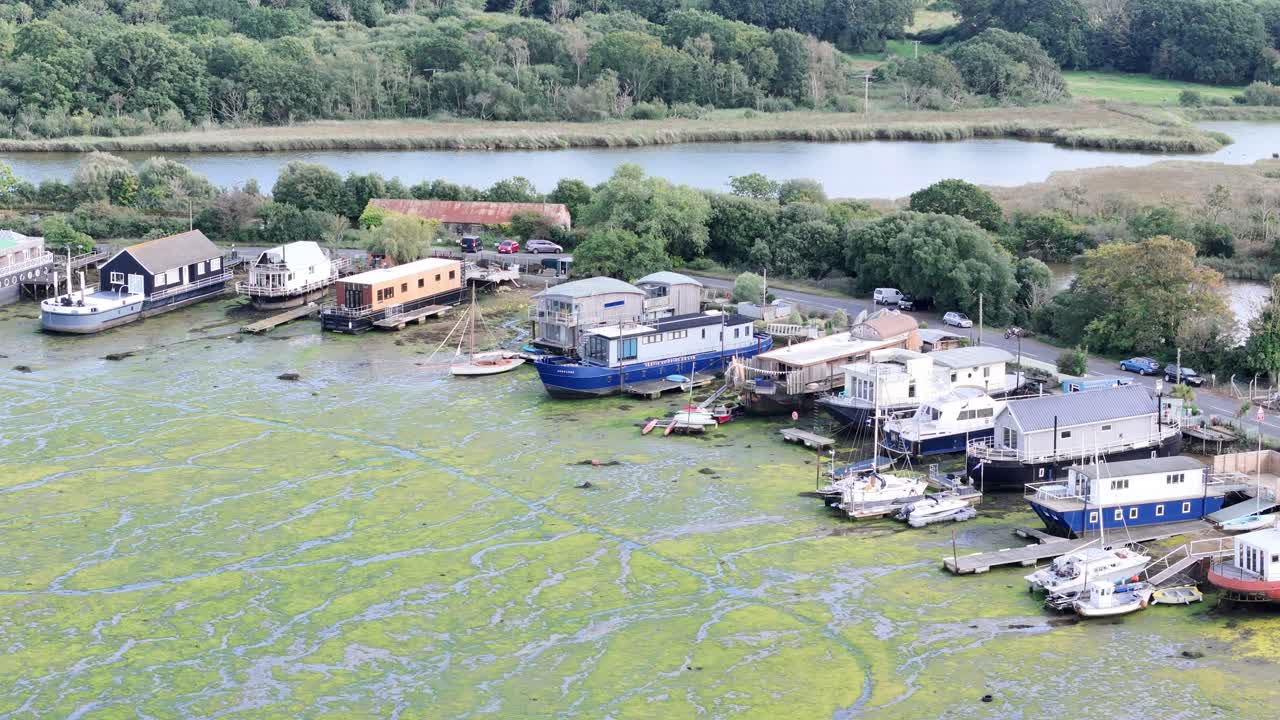 House boats Bembridge village Isle of wight Uk panning drone,aerial