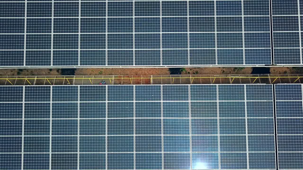 Solar panels in aerial view. Solar farm. Source of ecological renewable energy.