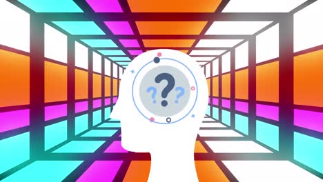 animación del cerebro humano con signos de interrogación sobre el túnel de neón