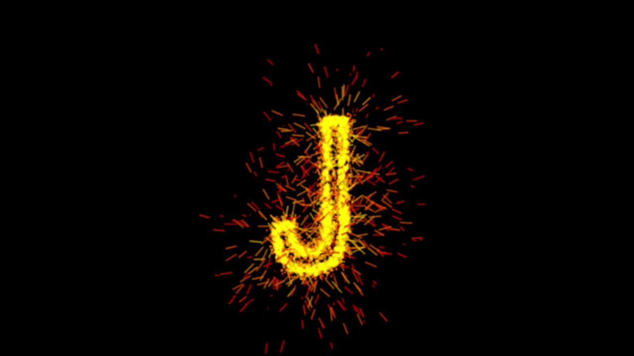 Animazione della lettera J con particelle gialle su sfondo trasparente.