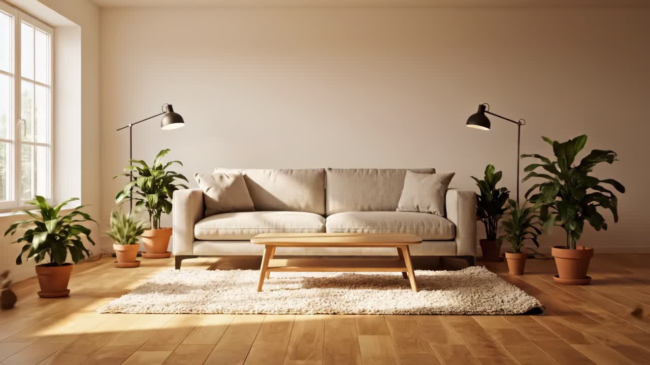 interior de sala de estar moderno con sofá y plantas