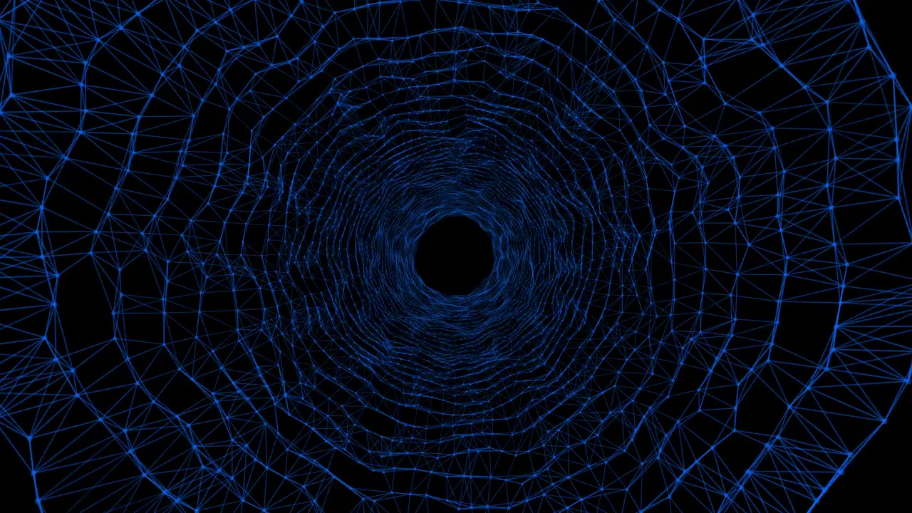 Abstract Digital Tunnel with Blue Glowing Wireframe Mesh