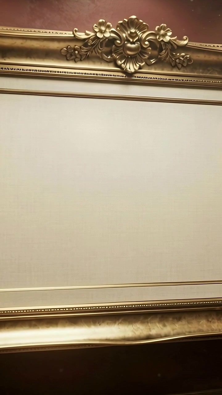 Verticale video: Verschuivende camera onthult gouden lijst aan de muur met blanco paneelkuif en donkere schoorsteenmantel.