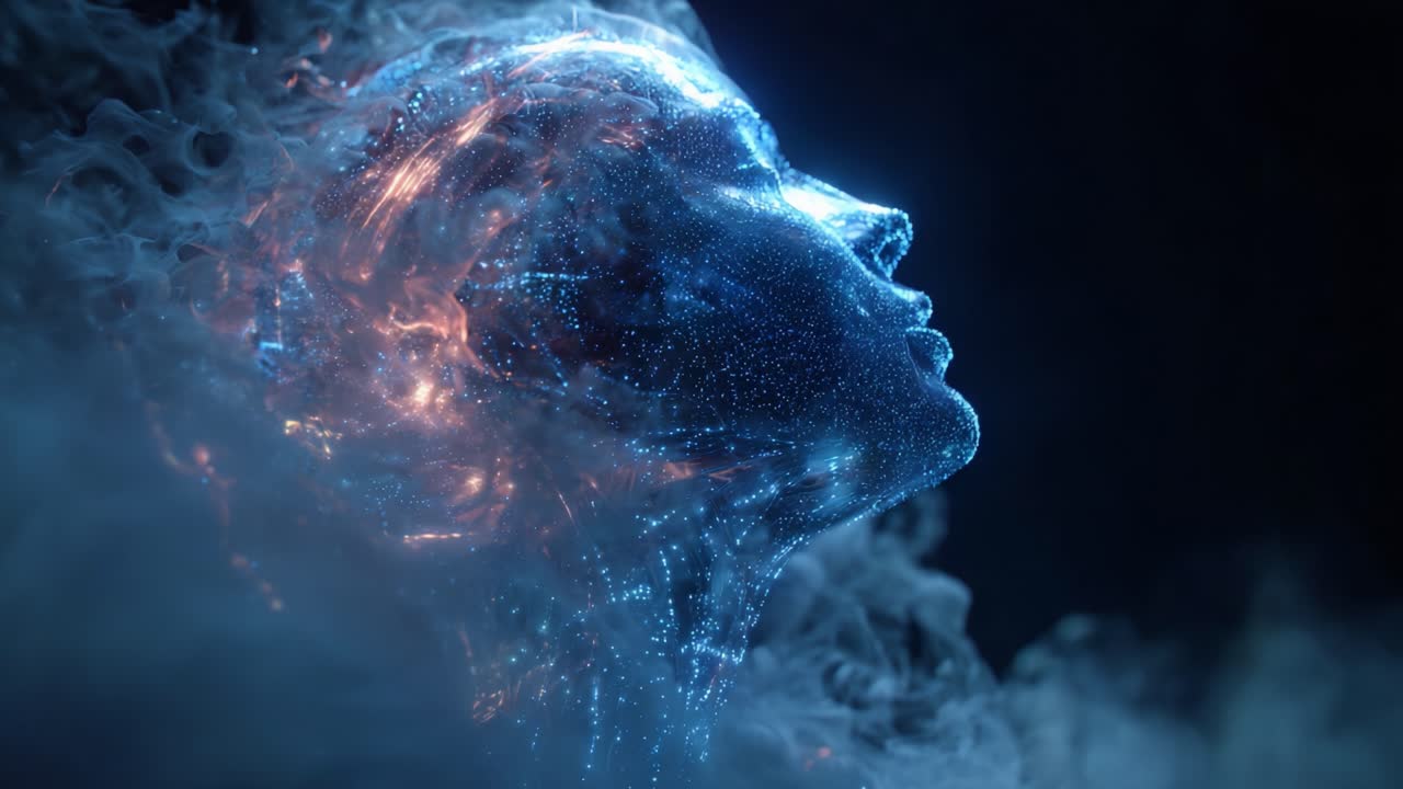Un ritratto affascinante di una figura digitale che emerge da un fumo etereo, con una luce accattivante che mette in risalto motivi intricati, a rappresentare la fusione tra essenza umana e tecnologica in una visione artistica