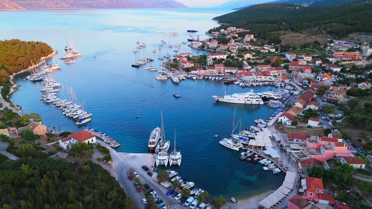Fiskardo Village, Kefalonia — colorful harbor, boats at sunset, and timeless island charm. A breathtaking Greek escape captured beautifully by drone. Shot on Dji mini 4Pro