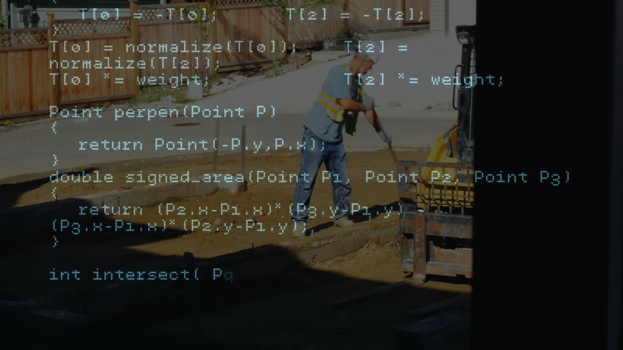 Male worker holding shovel standing on construction site, showcasing code overlay in technology